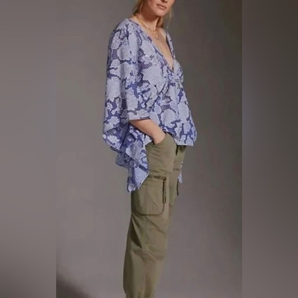 By Anthropologie Tie-Front Caftan Blue Floral One Size - Picture 2 of 5